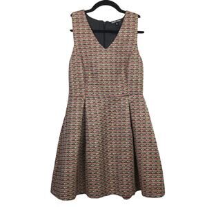 Double Zero Tweed Woven Sleeveless V-neck Reverse Pleat Fit Flare Skater Dress M